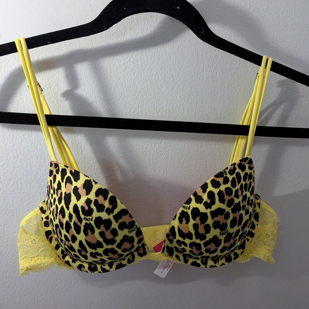 Victoria's Secret PINK Neon Yellow Leopard Push-Up Bra Size 34A